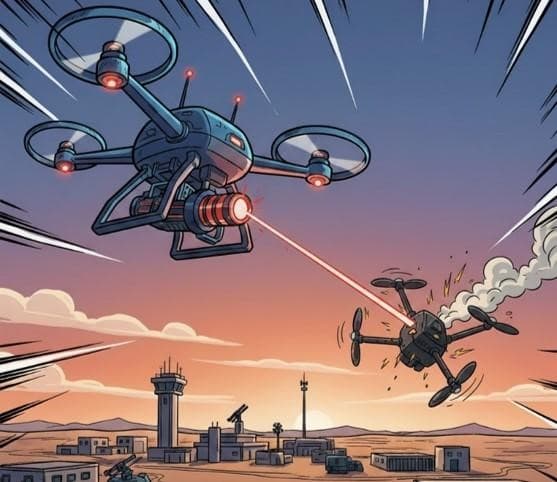 Illustration of a Blue Drone engaging a Red threat drone with its optical dazzler, defending a ground installation at dusk